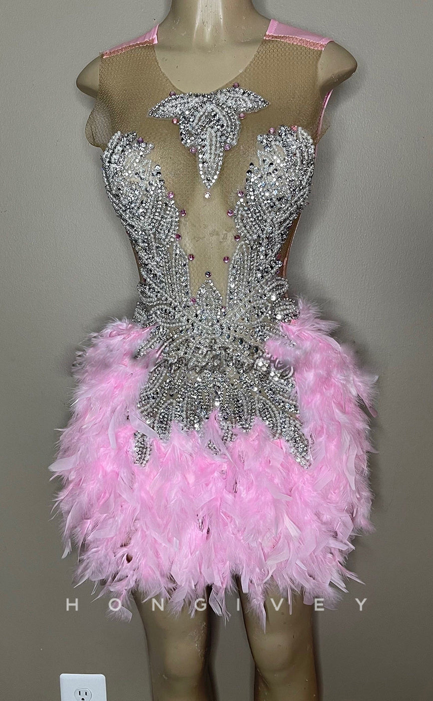 H1998 - Sexy Illusion Glitter A-Line Scoop Detachable Long Sleeves Sequins Feathers Short Homecoming Dresses For Black Women - Fashionpara