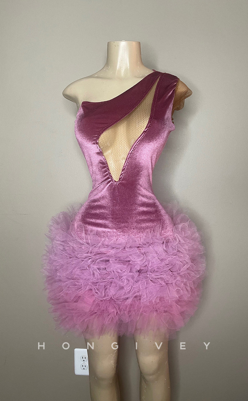 H1999 - Sexy Fitted One Shoulder Illusion Sleeveless Tulle Short Homecoming Dresses For Black Women - Fashionpara