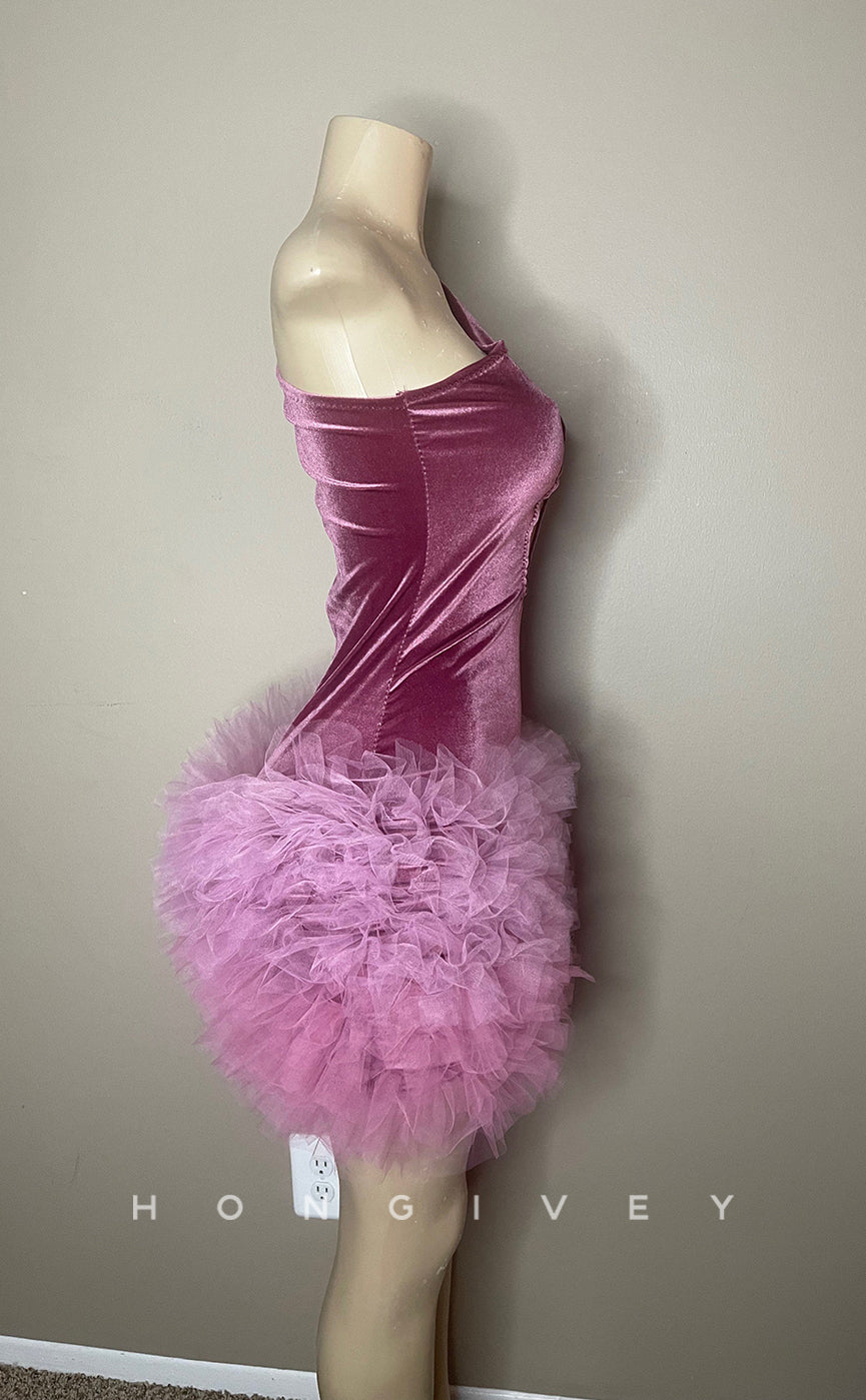 H1999 - Sexy Fitted One Shoulder Illusion Sleeveless Tulle Short Homecoming Dresses For Black Women - Fashionpara