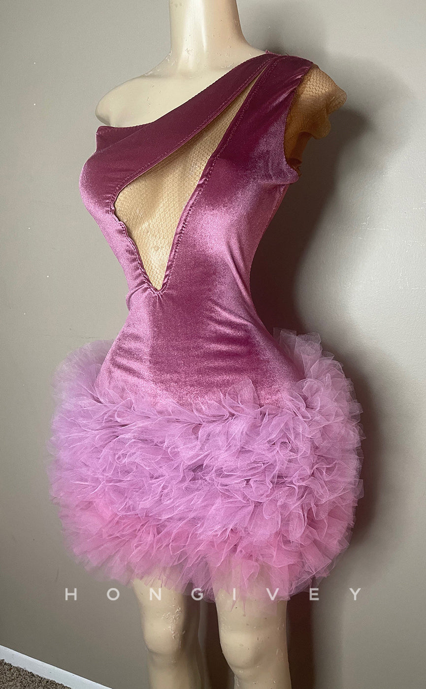 H1999 - Sexy Fitted One Shoulder Illusion Sleeveless Tulle Short Homecoming Dresses For Black Women - Fashionpara
