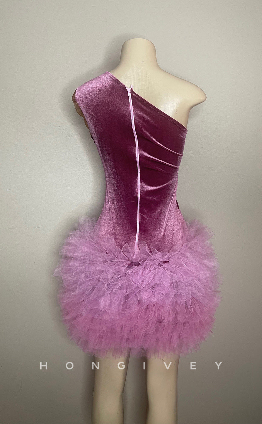 H1999 - Sexy Fitted One Shoulder Illusion Sleeveless Tulle Short Homecoming Dresses For Black Women - Fashionpara