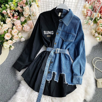 Women's Blouse Autumn Long Sleeve Shirt Tops Jeans Patchwork Plaid Blouses Elegantes Blusas para mujer Slim Shirt Dress - Fashionpara