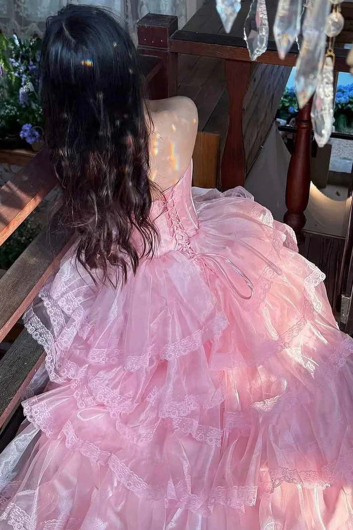 Sweet Pink Strapless Tulle Lace Layered Long Prom Gown Birthday Party Dress D1431