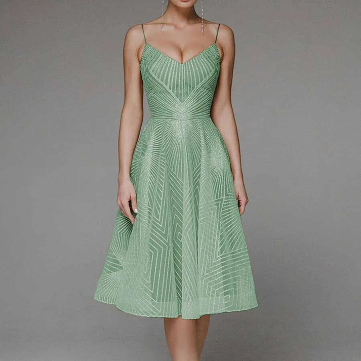 Sequin Spaghetti Strap Deep V-Neck Fit and Flare Midi Dress - View 6