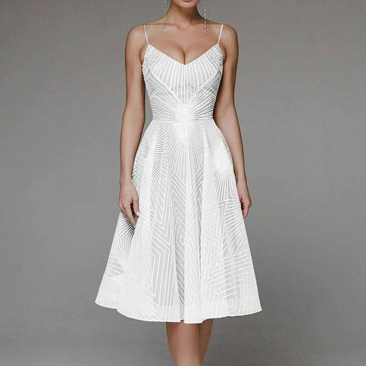 Sequin Spaghetti Strap Deep V-Neck Fit and Flare Midi Dress - View 3