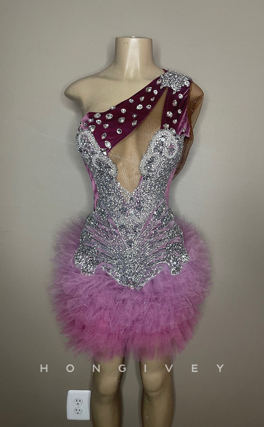 H2000 - Sexy Fitted Glitter One Shoulder Rhinestone Sequins Embellished Tulle Homecoming Dresses For Black Women - Fashionpara