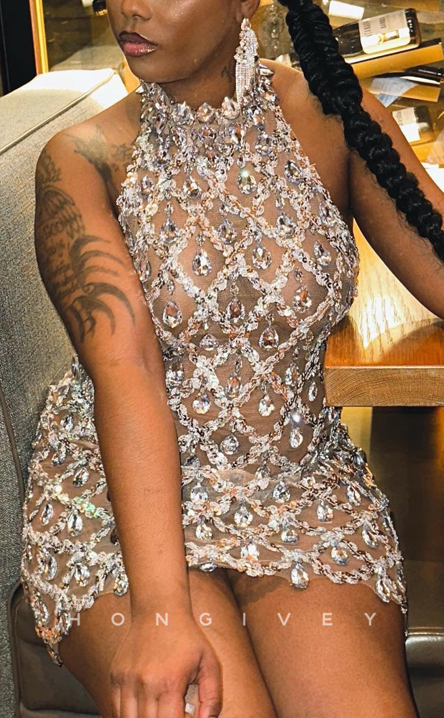 H2001 - Sexy Fitted Sheer Ballgown Crystal Beaded Halter Homecoming Dresses For Black Women - Fashionpara