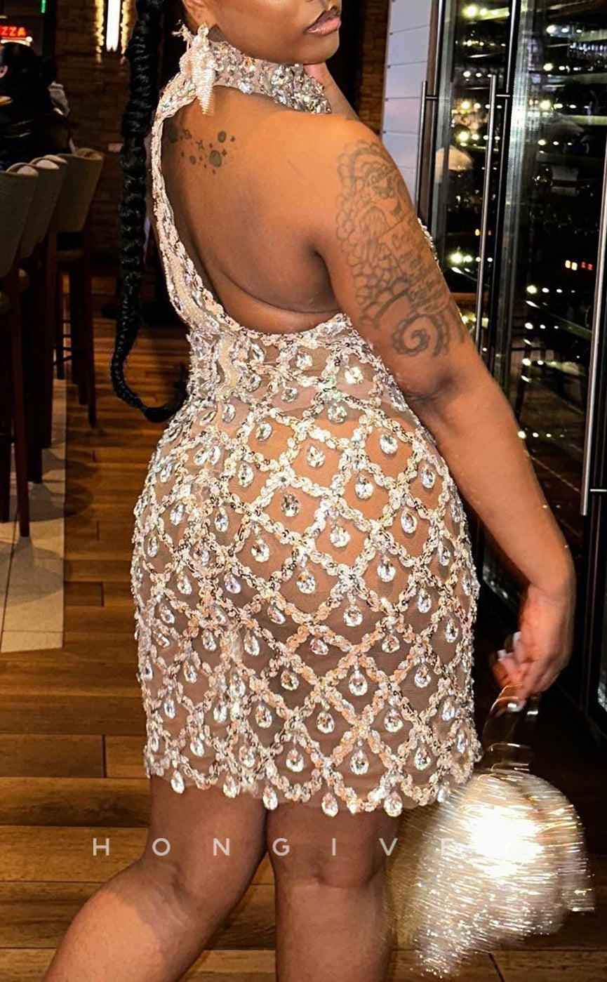 H2001 - Sexy Fitted Sheer Ballgown Crystal Beaded Halter Homecoming Dresses For Black Women - Fashionpara