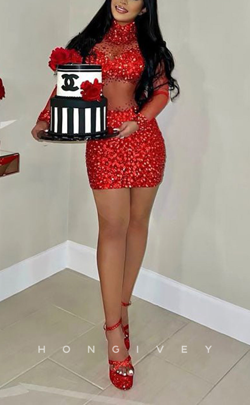 H2002 - Sexy Fitted Red Glitter Illusion High Neck Long Sleeves Homecoming Dresses For Black Women - Fashionpara