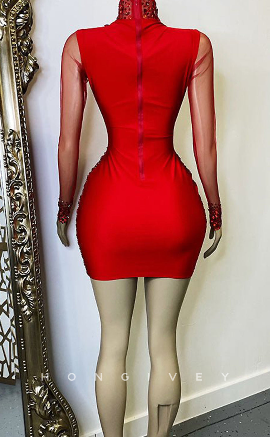 H2002 - Sexy Fitted Red Glitter Illusion High Neck Long Sleeves Homecoming Dresses For Black Women - Fashionpara