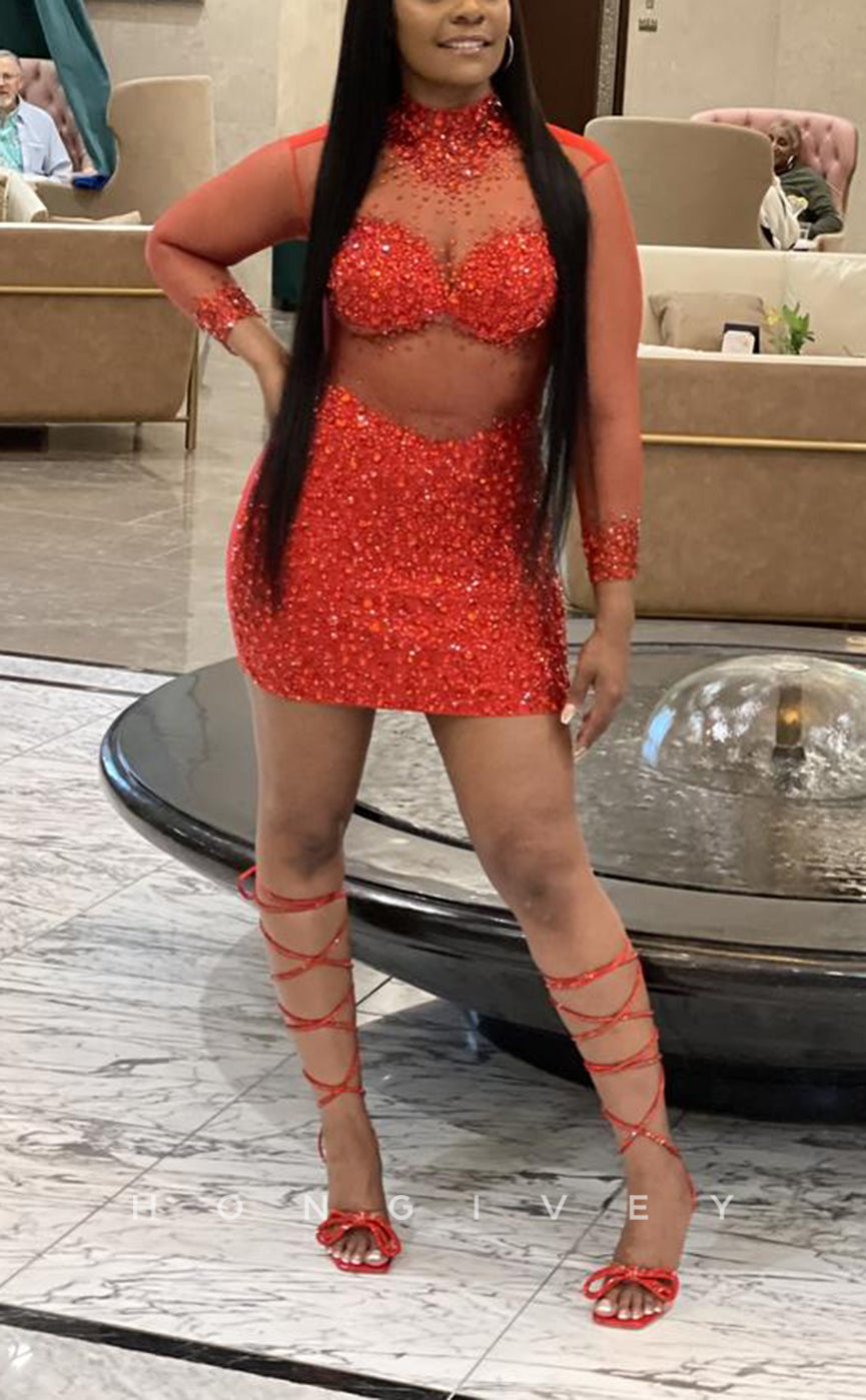 H2002 - Sexy Fitted Red Glitter Illusion High Neck Long Sleeves Homecoming Dresses For Black Women - Fashionpara