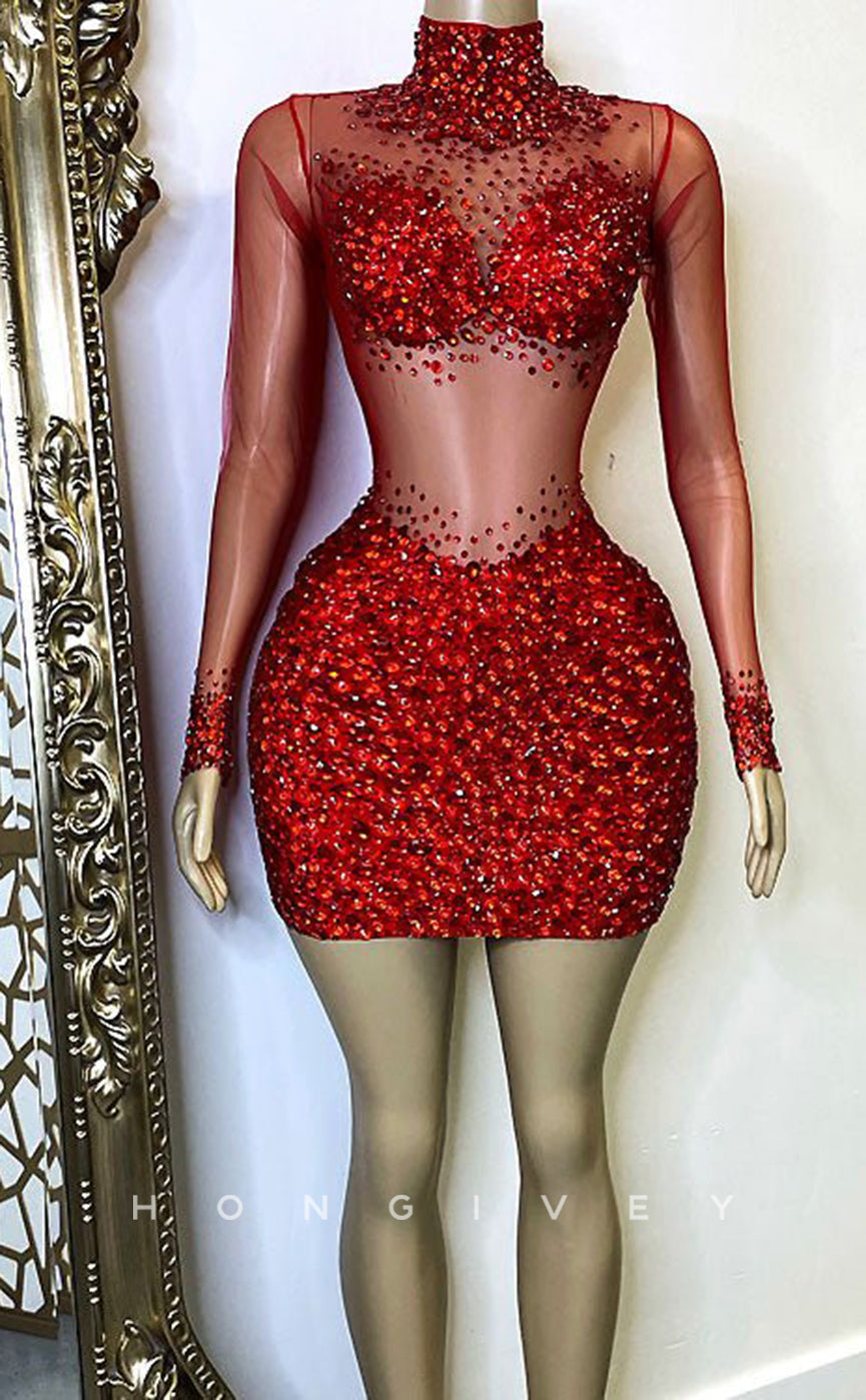 H2002 - Sexy Fitted Red Glitter Illusion High Neck Long Sleeves Homecoming Dresses For Black Women - Fashionpara