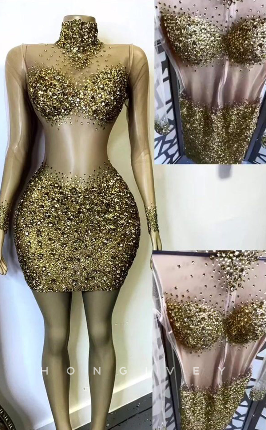 H2003 - Sexy Fitted Glitter Illusion High Neck Long Sleeves Rhinestone Homecoming Dresses For Black Women - Fashionpara