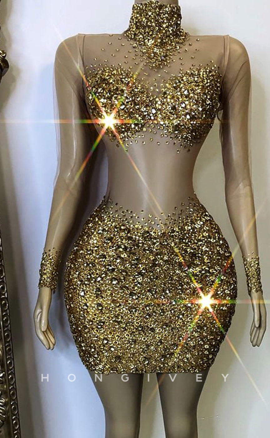 H2003 - Sexy Fitted Glitter Illusion High Neck Long Sleeves Rhinestone Homecoming Dresses For Black Women - Fashionpara