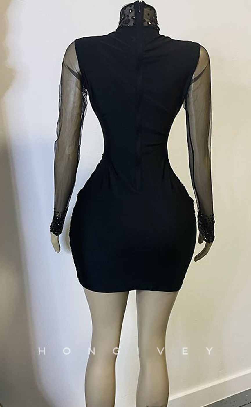 H2005 - Sexy Fitted Black Illusion High Neck Lace Long Sleeves Beaded Homecoming Dresses For Black Women - Fashionpara