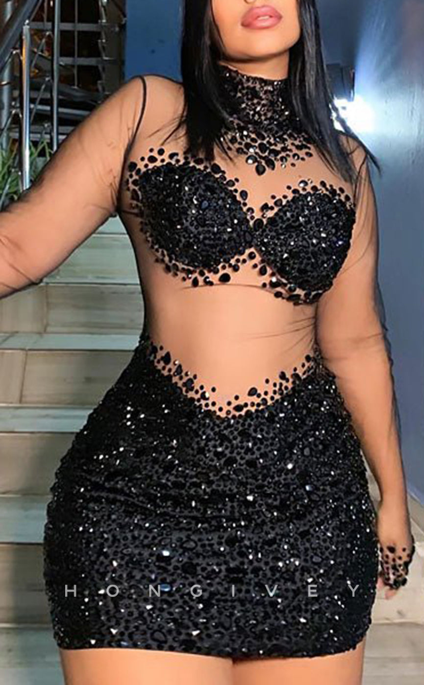 H2005 - Sexy Fitted Black Illusion High Neck Lace Long Sleeves Beaded Homecoming Dresses For Black Women - Fashionpara