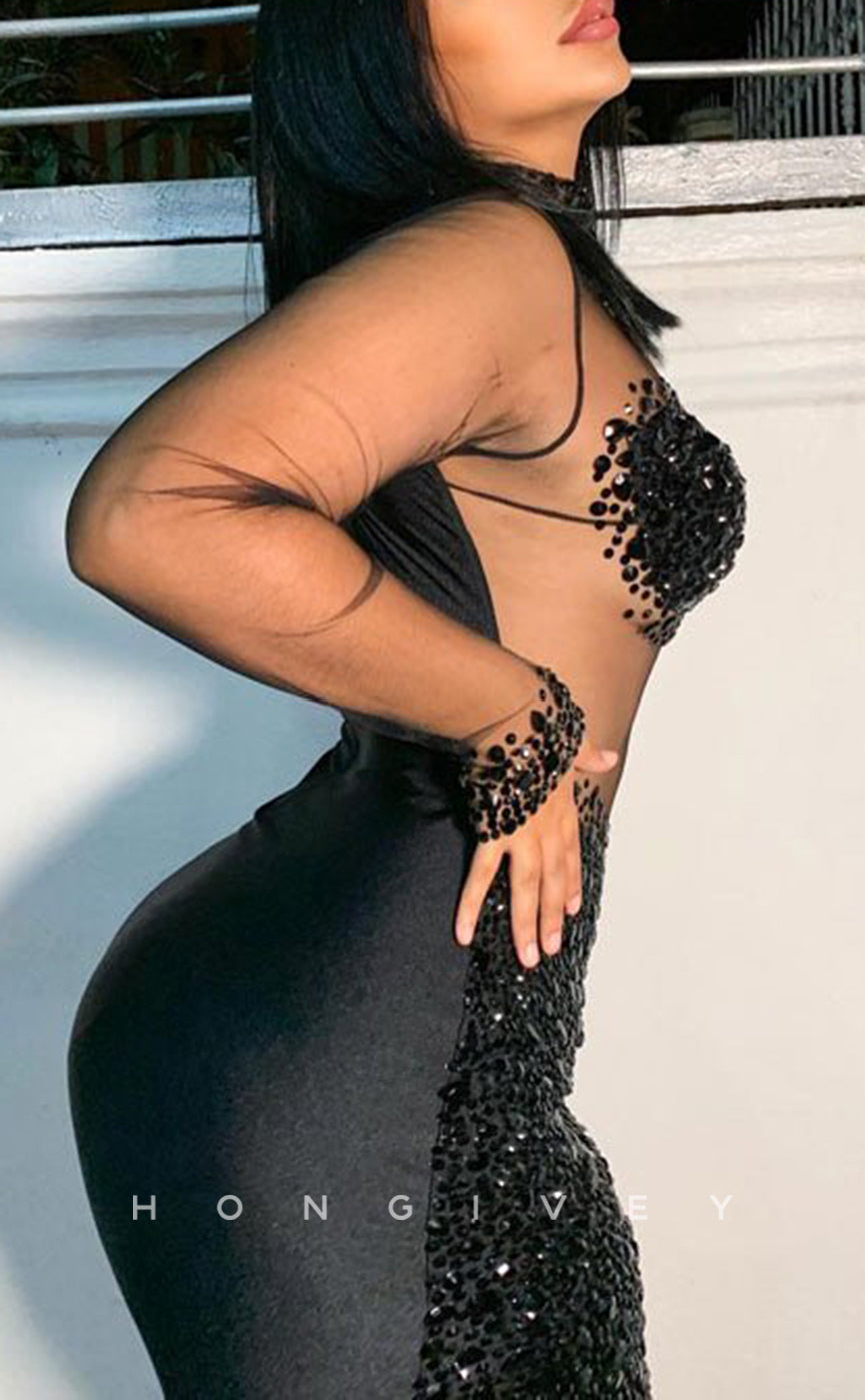 H2005 - Sexy Fitted Black Illusion High Neck Lace Long Sleeves Beaded Homecoming Dresses For Black Women - Fashionpara