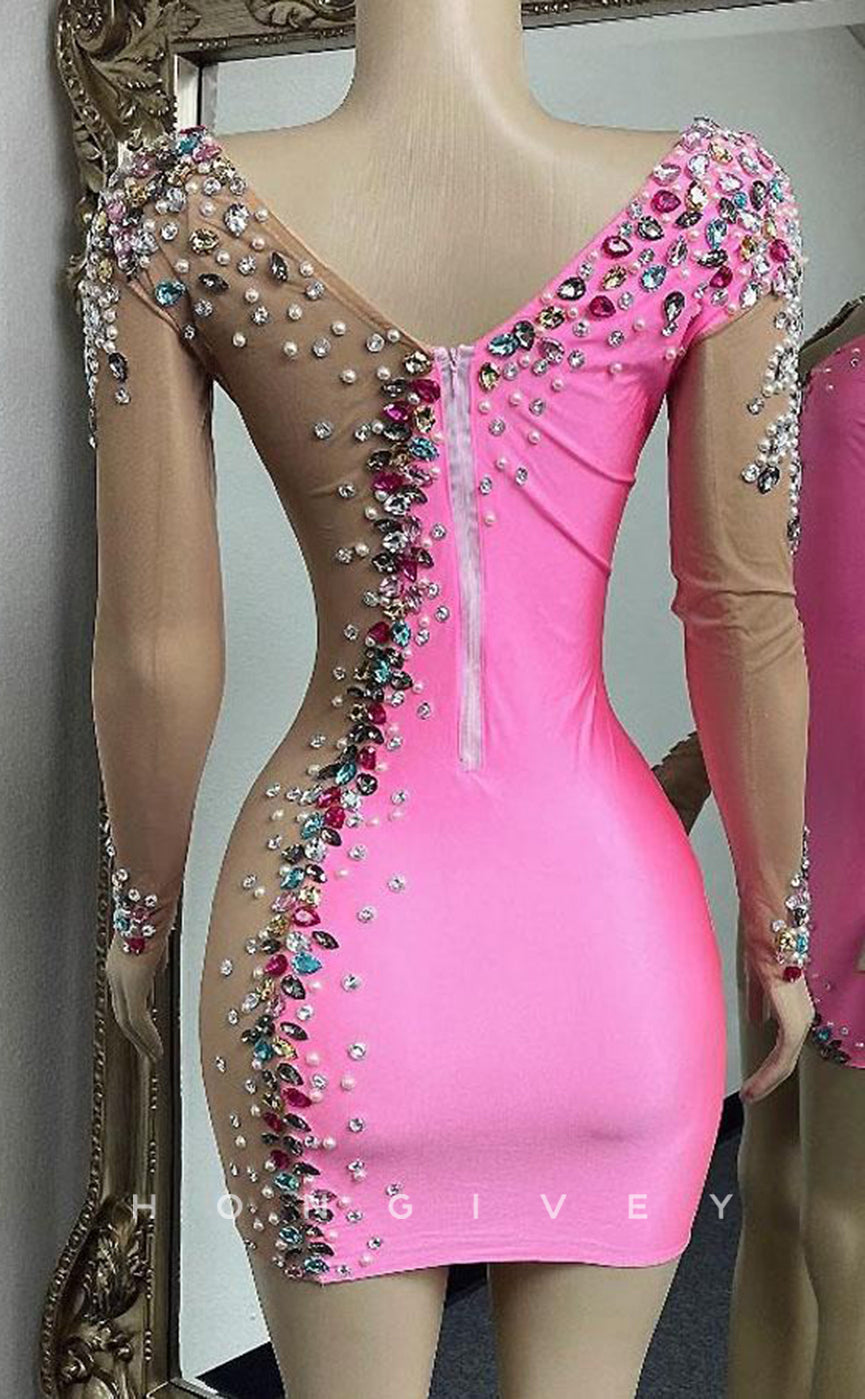 H2006 - Sexy Fitted Glitter Two Tone Scoop Long Sleeves Beaded Homecoming Dresses For Black Women - Fashionpara