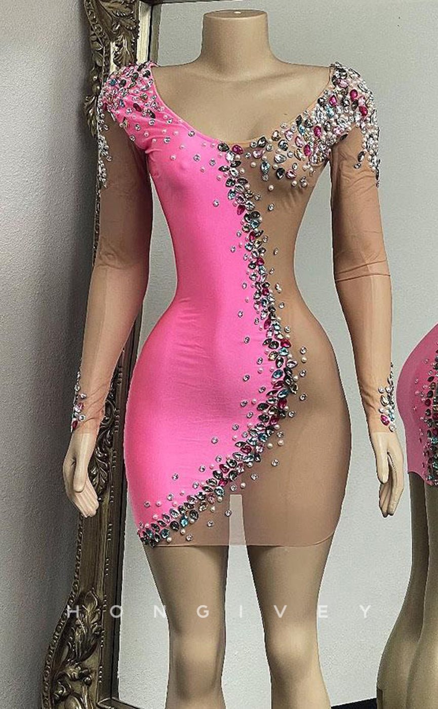 H2006 - Sexy Fitted Glitter Two Tone Scoop Long Sleeves Beaded Homecoming Dresses For Black Women - Fashionpara