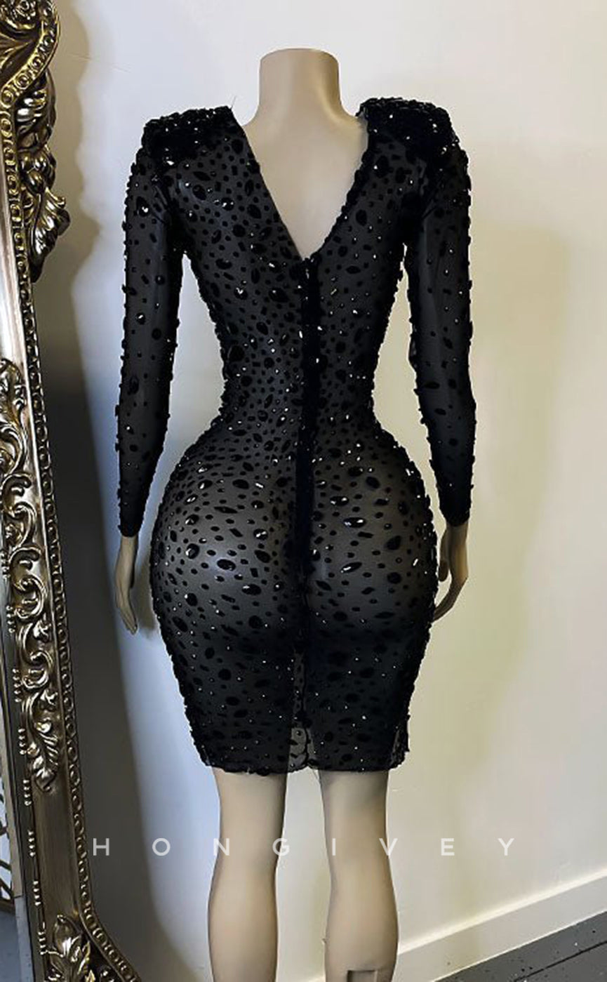 H2007 - Sexy Fitted Sheer Ballgown Round Long Sleeves Fully Beaded Homecoming Dresses For Black Women - Fashionpara