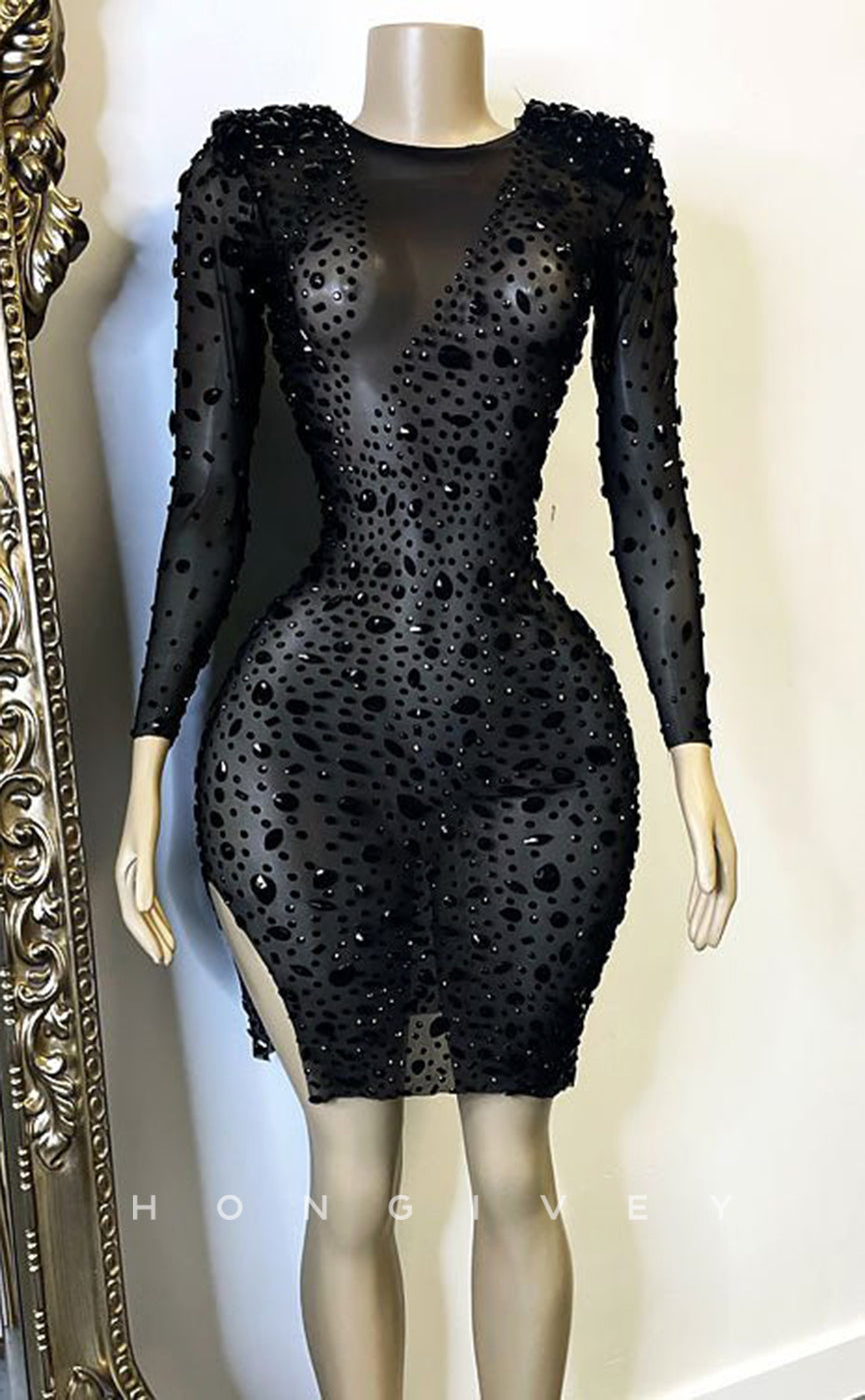 H2007 - Sexy Fitted Sheer Ballgown Round Long Sleeves Fully Beaded Homecoming Dresses For Black Women - Fashionpara