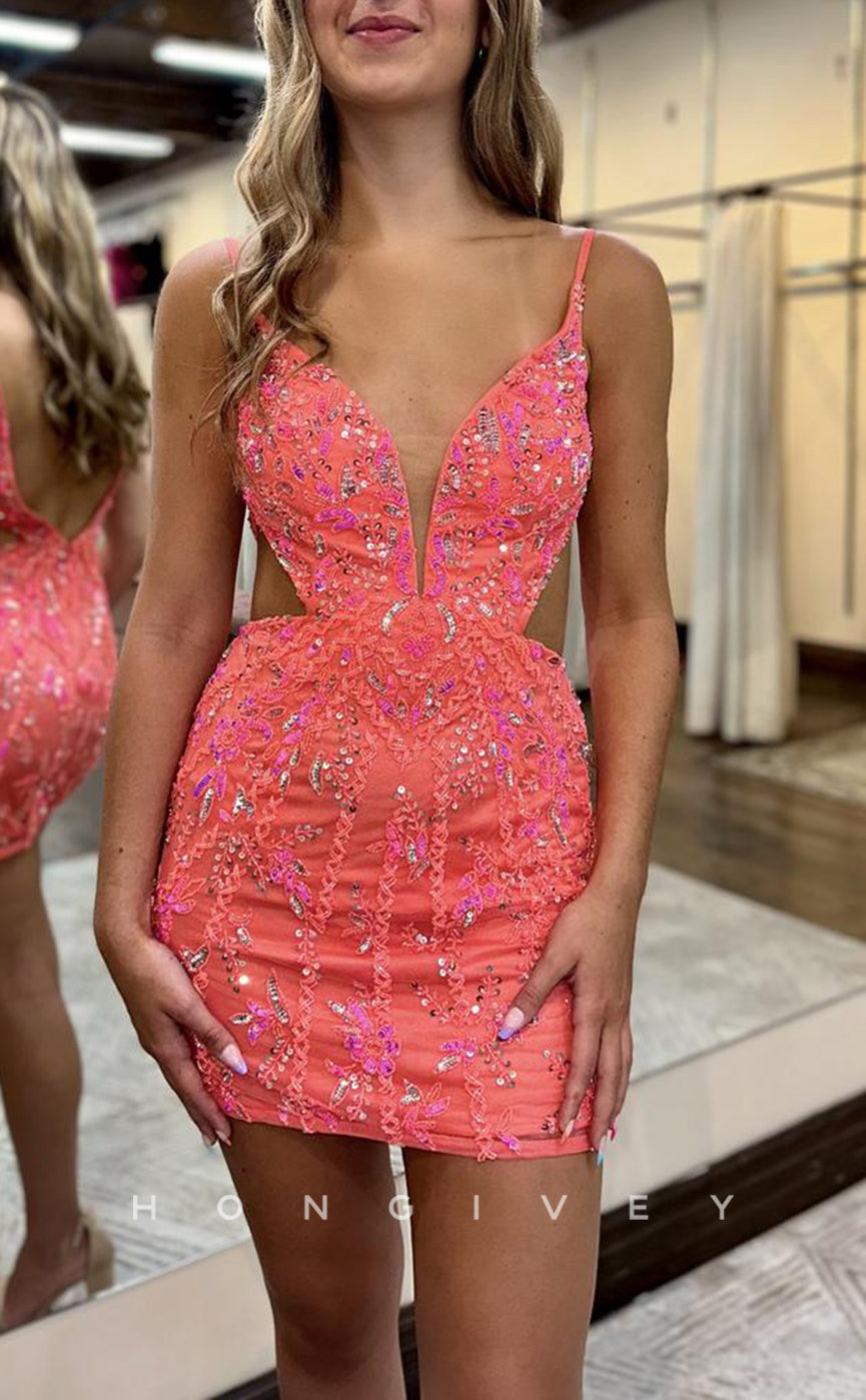 H2009 - Sexy Fitted Glitter V-Neck Spaghetti Straps Backless Sequins Short Homecoming Dress - Fashionpara