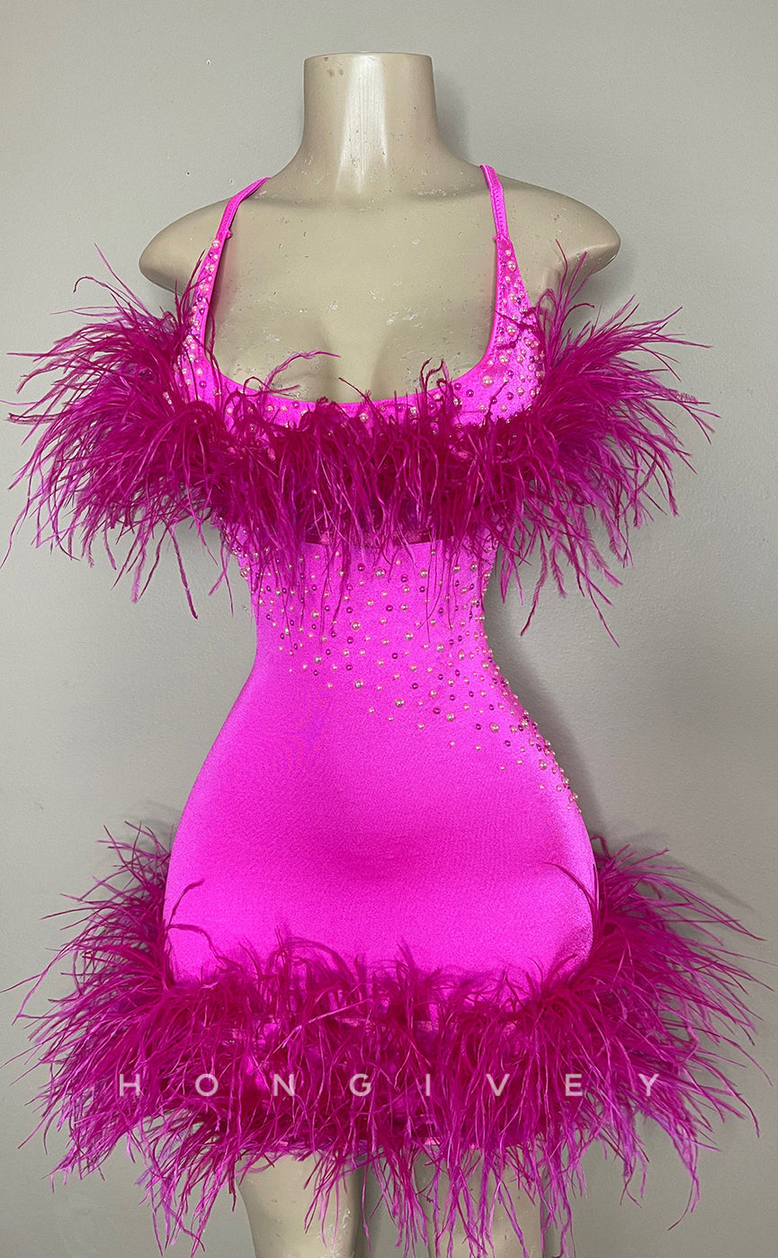 H2023 - Sexy Fitted Square Spaghetti Straps Feathers Short Homecoming Dress - Fashionpara
