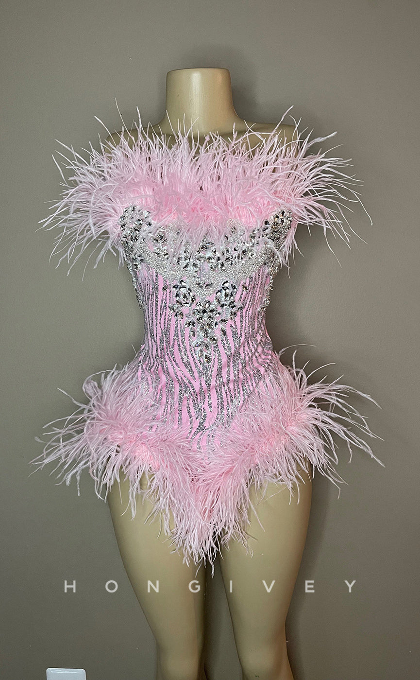 H2024 - Sexy Fitted Glitter Strapless Feathers Jumpsuit Short Homecoming  Dresses For Black Women - Fashionpara