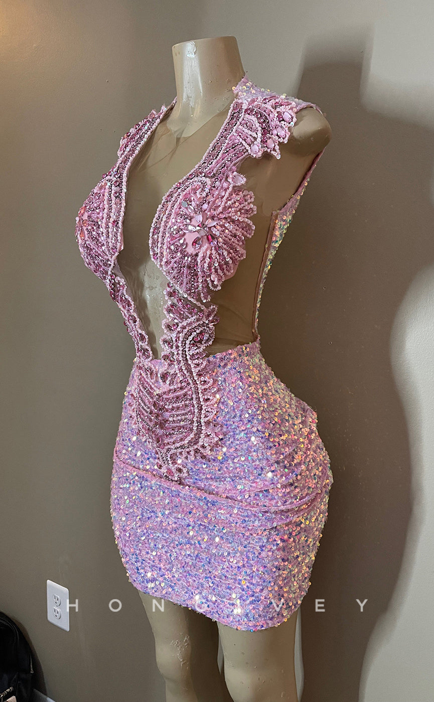 H2026 - Sexy Fitted Glitter Illusion Round Sleeveless Open Back Homecoming Dresses For Black Women - Fashionpara