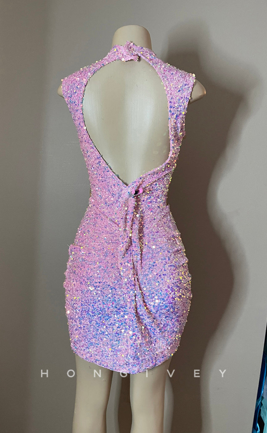 H2026 - Sexy Fitted Glitter Illusion Round Sleeveless Open Back Homecoming Dresses For Black Women - Fashionpara