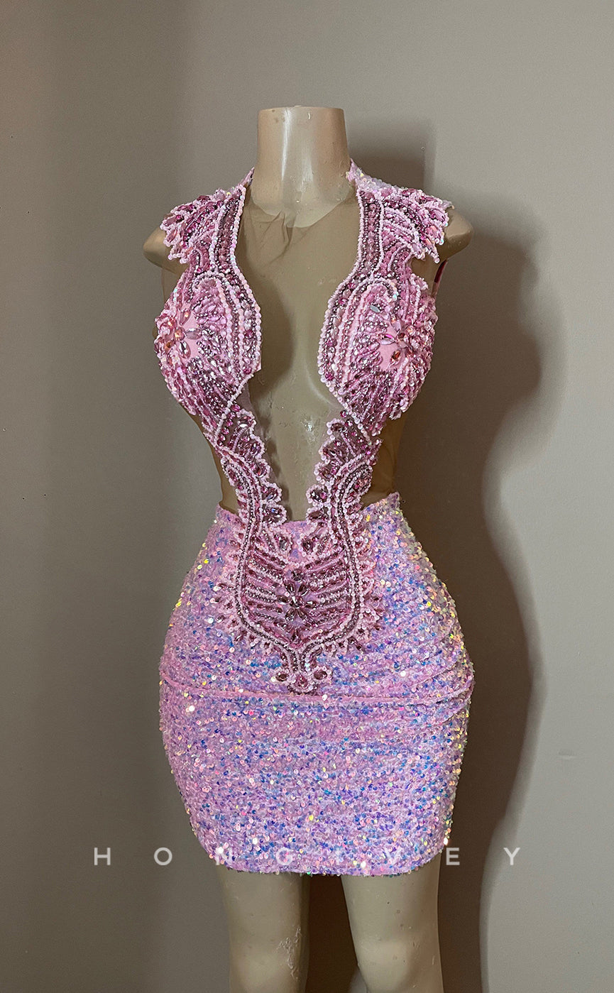H2026 - Sexy Fitted Glitter Illusion Round Sleeveless Open Back Homecoming Dresses For Black Women - Fashionpara