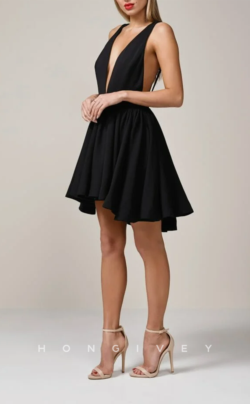 H2028 - Sexy Black A-Line Plunging Neck Open Back Party/Homecoming Dress - Fashionpara