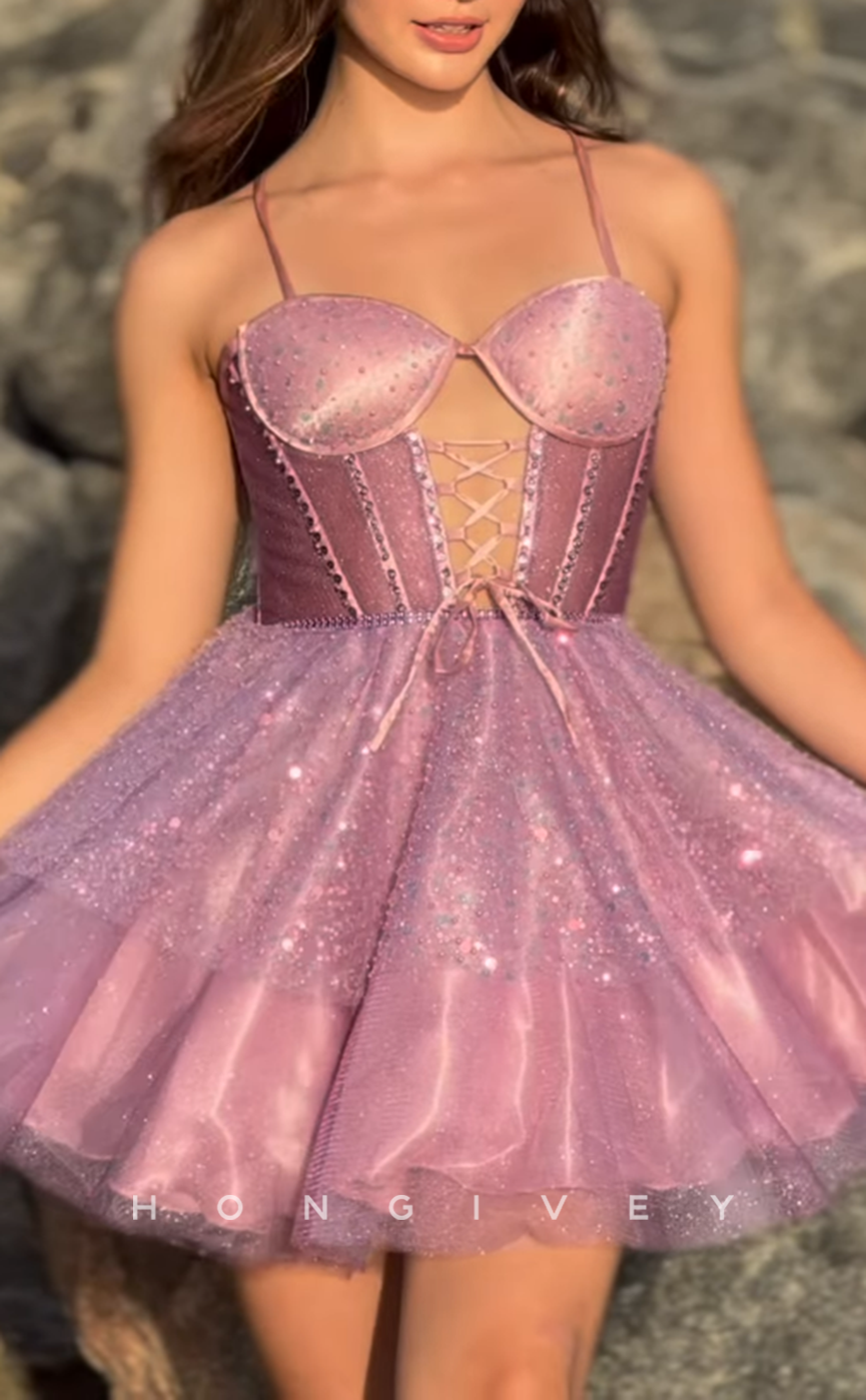 H2029 - Chic Glitter A-Line Sweetheart Spaghetti Straps Ball Gown Homecoming Dress - Fashionpara