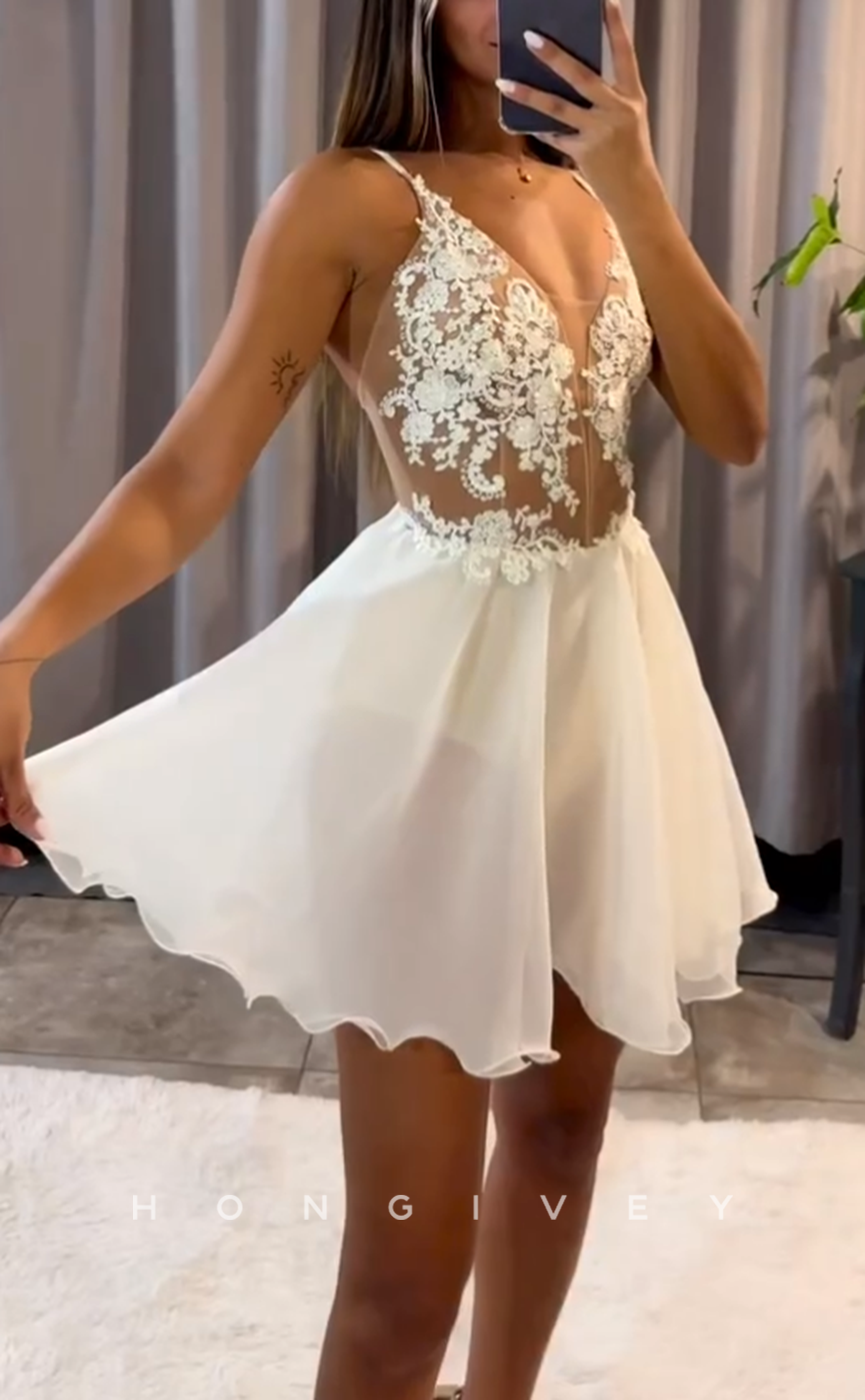 H2030 - Sexy Illusion Empire A-Line V-Neck Spaghetti Straps Homecoming Dresses For Black Women - Fashionpara