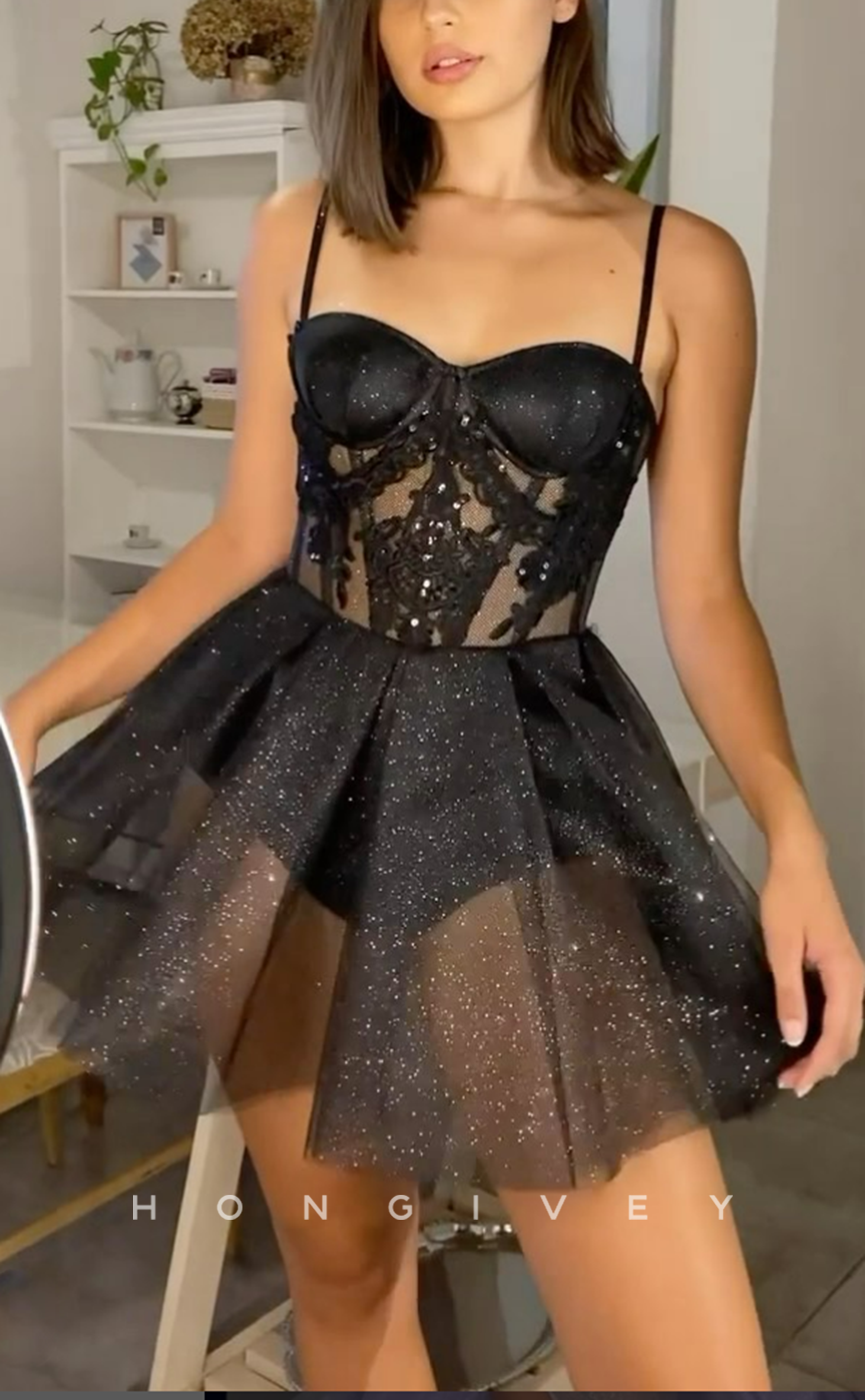 H2032 - Sexy Black Illusion A-Line Sweetheart Spaghetti Straps Homecoming Dress - Fashionpara