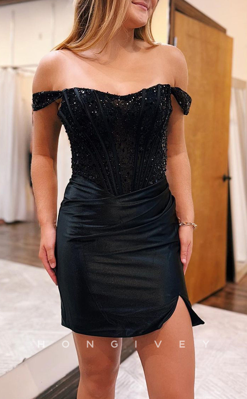 H2035 - Sexy Fitted Satin Off-Shoulder Sequined Ruched Short Homecoming Dress - Fashionpara
