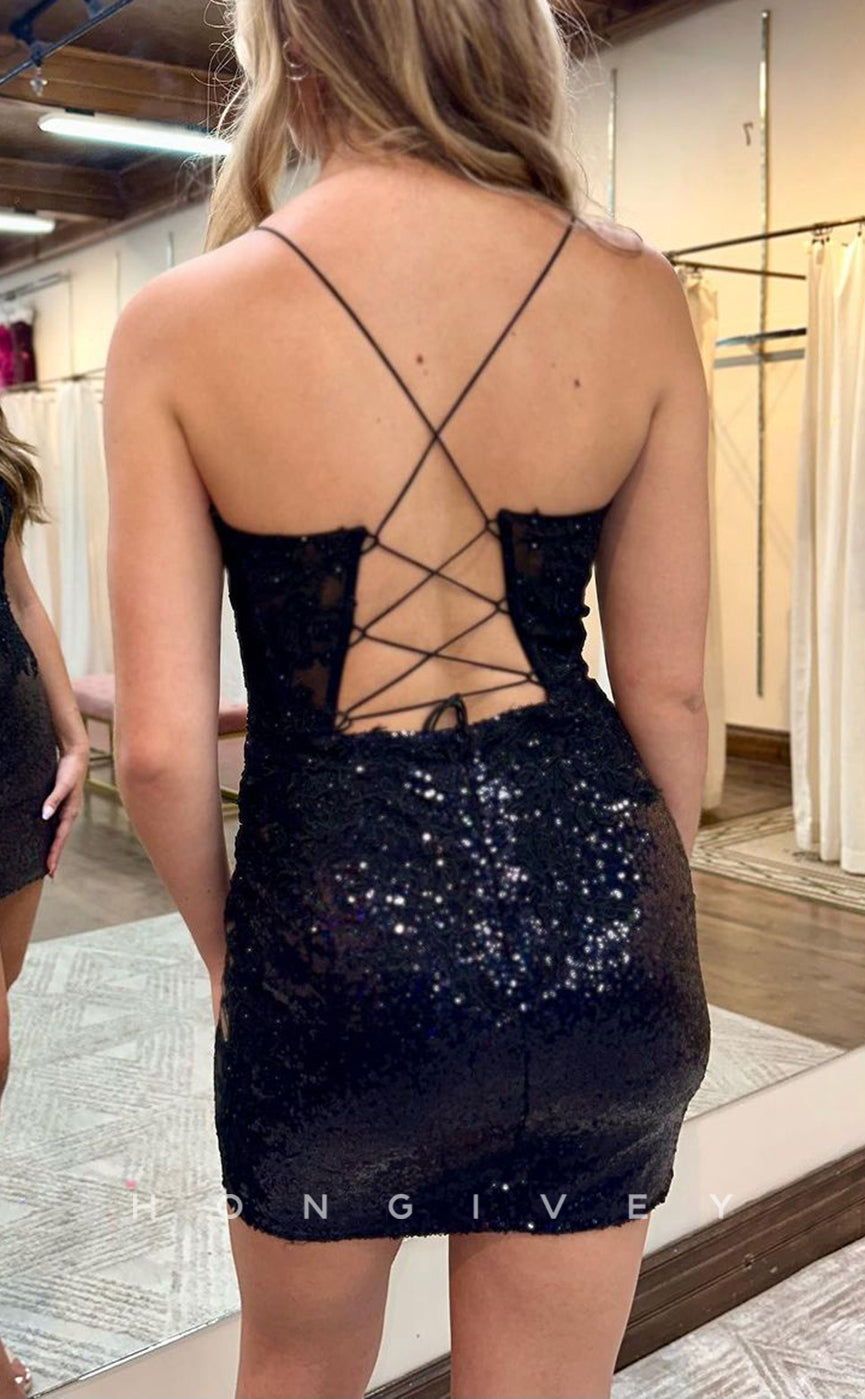 H2037 - Sexy Fitted Glitter Plunging Illusion Spaghetti Straps Sequins Short Homecoming Dress - Fashionpara