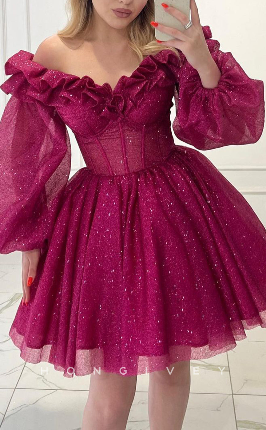 H2040 - Sexy Glitter A-Line Empire Ruffled Off-Shoulder Long Puff Sleeves Gown Short Cocktail/Homecoming Dress - Fashionpara