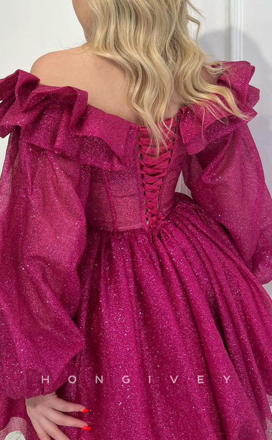 H2040 - Sexy Glitter A-Line Empire Ruffled Off-Shoulder Long Puff Sleeves Gown Short Cocktail/Homecoming Dress - Fashionpara