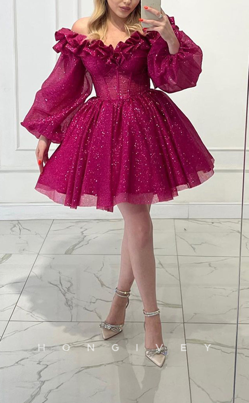 H2040 - Sexy Glitter A-Line Empire Ruffled Off-Shoulder Long Puff Sleeves Gown Short Cocktail/Homecoming Dress - Fashionpara