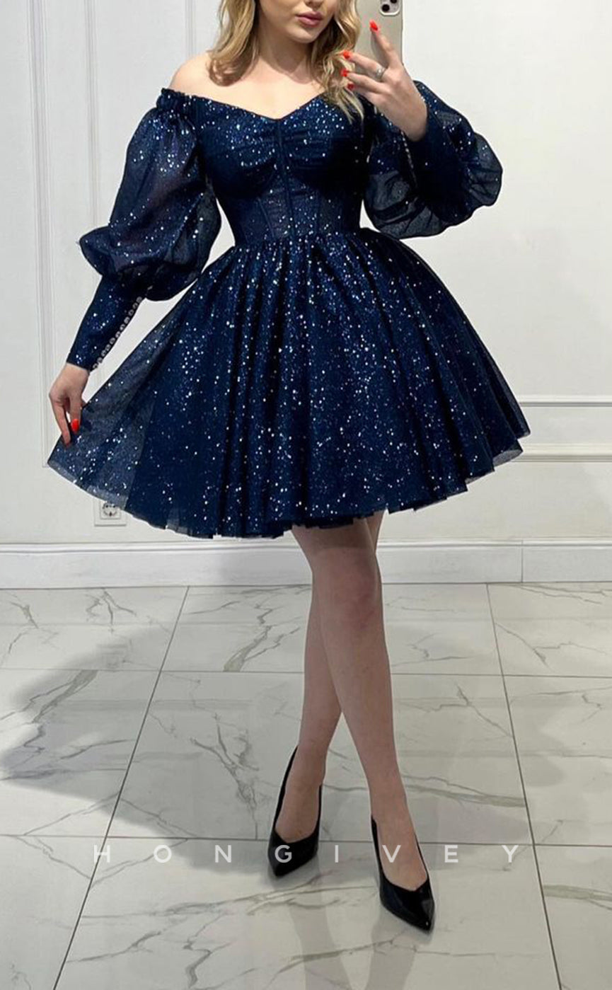 H2041 - Chic Glitter Tulle A-Line V-Neck Long Sleeves Empire Short Party/Homecoming Dress - Fashionpara