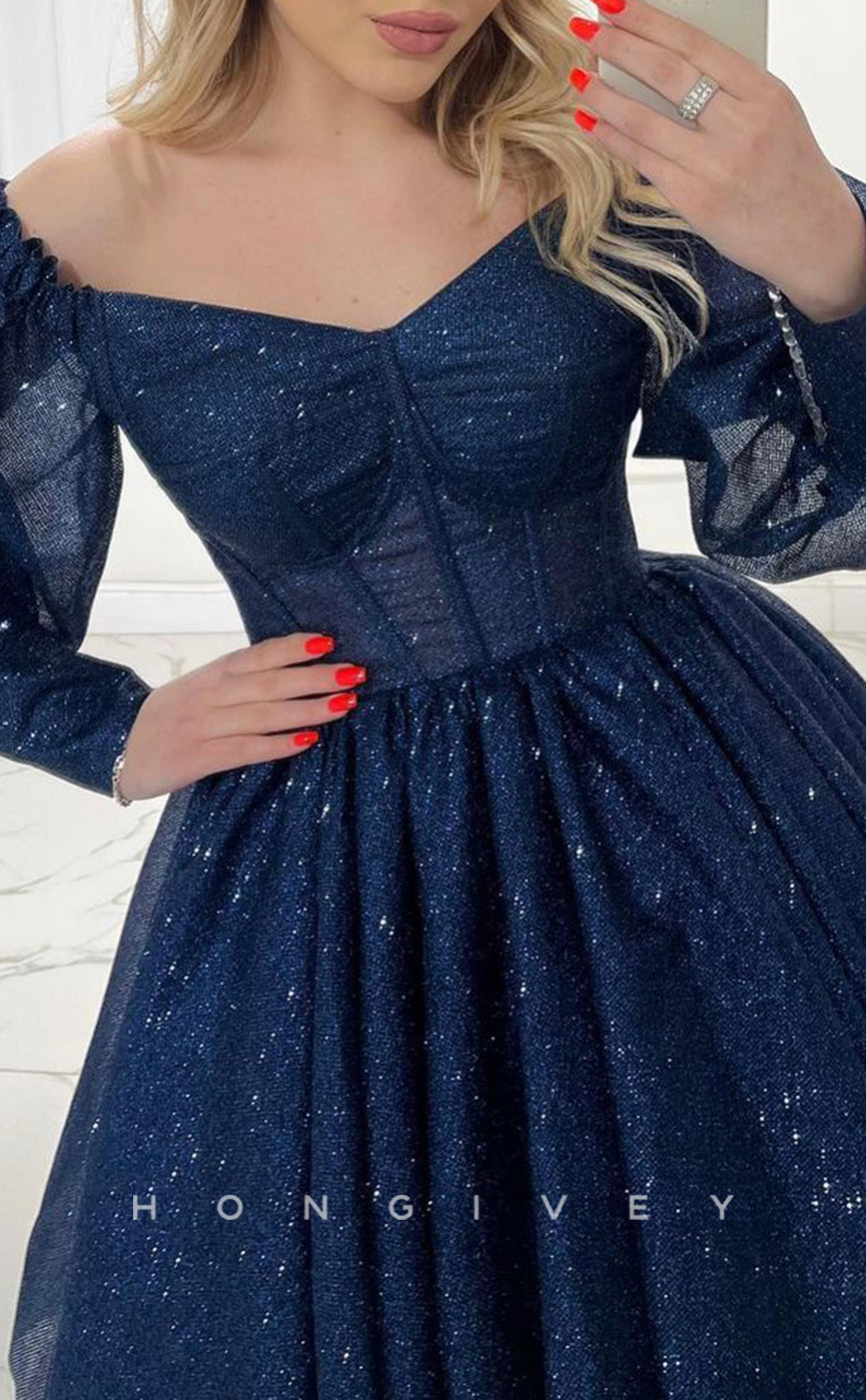 H2041 - Chic Glitter Tulle A-Line V-Neck Long Sleeves Empire Short Party/Homecoming Dress - Fashionpara