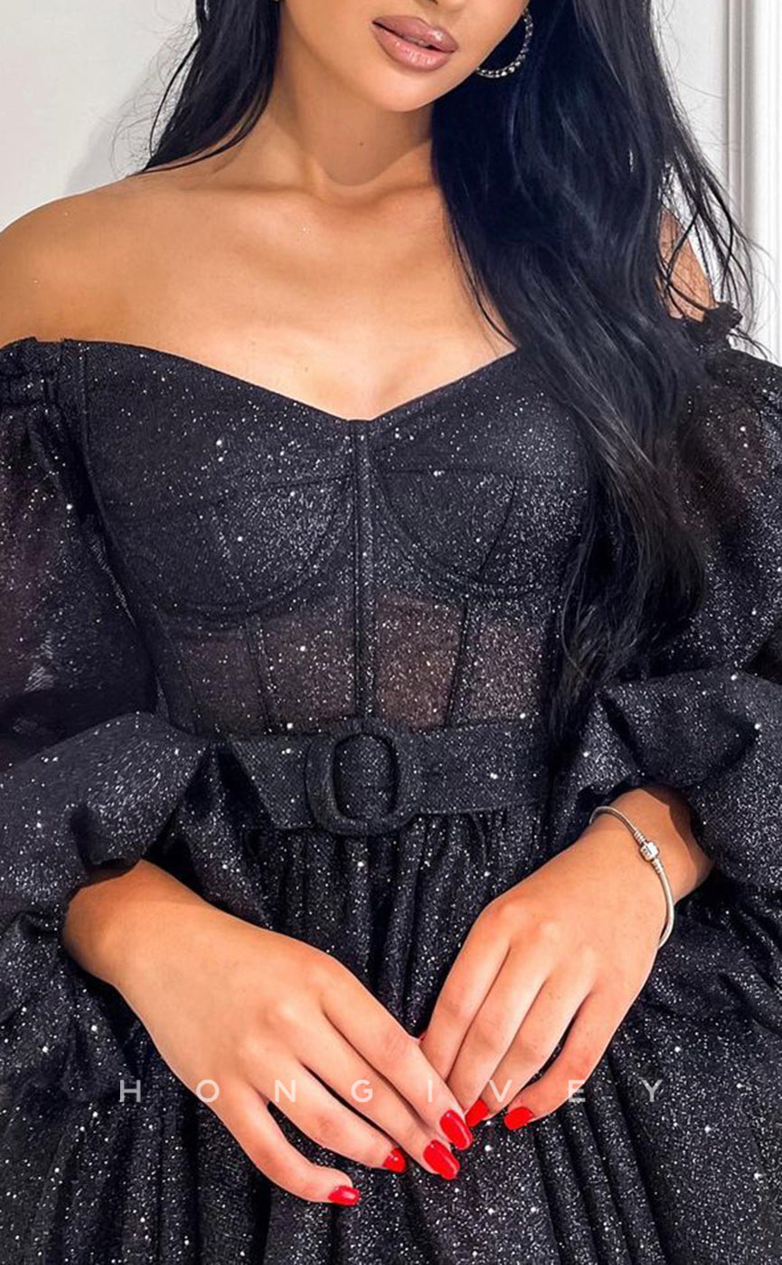 H2042 - Sexy Glitter Tulle A-Line Illusion V-Neck Long Sleeves Belt Short Homecoming Dress Pageant Dress - Fashionpara