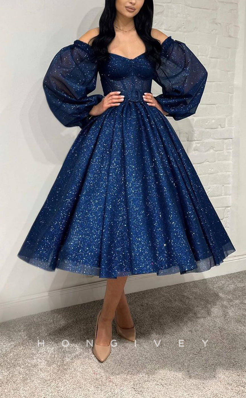 H2043 - Sexy Glitter Illusion Empire A-Line V-Neck Long Sleeves Short Homecoming Dress - Fashionpara