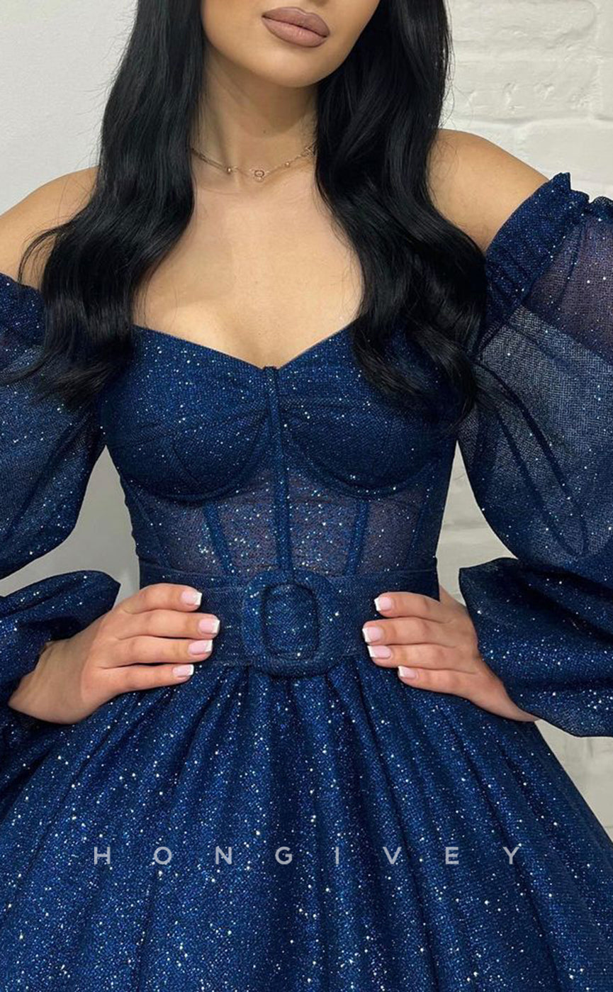 H2043 - Sexy Glitter Illusion Empire A-Line V-Neck Long Sleeves Short Homecoming Dress - Fashionpara
