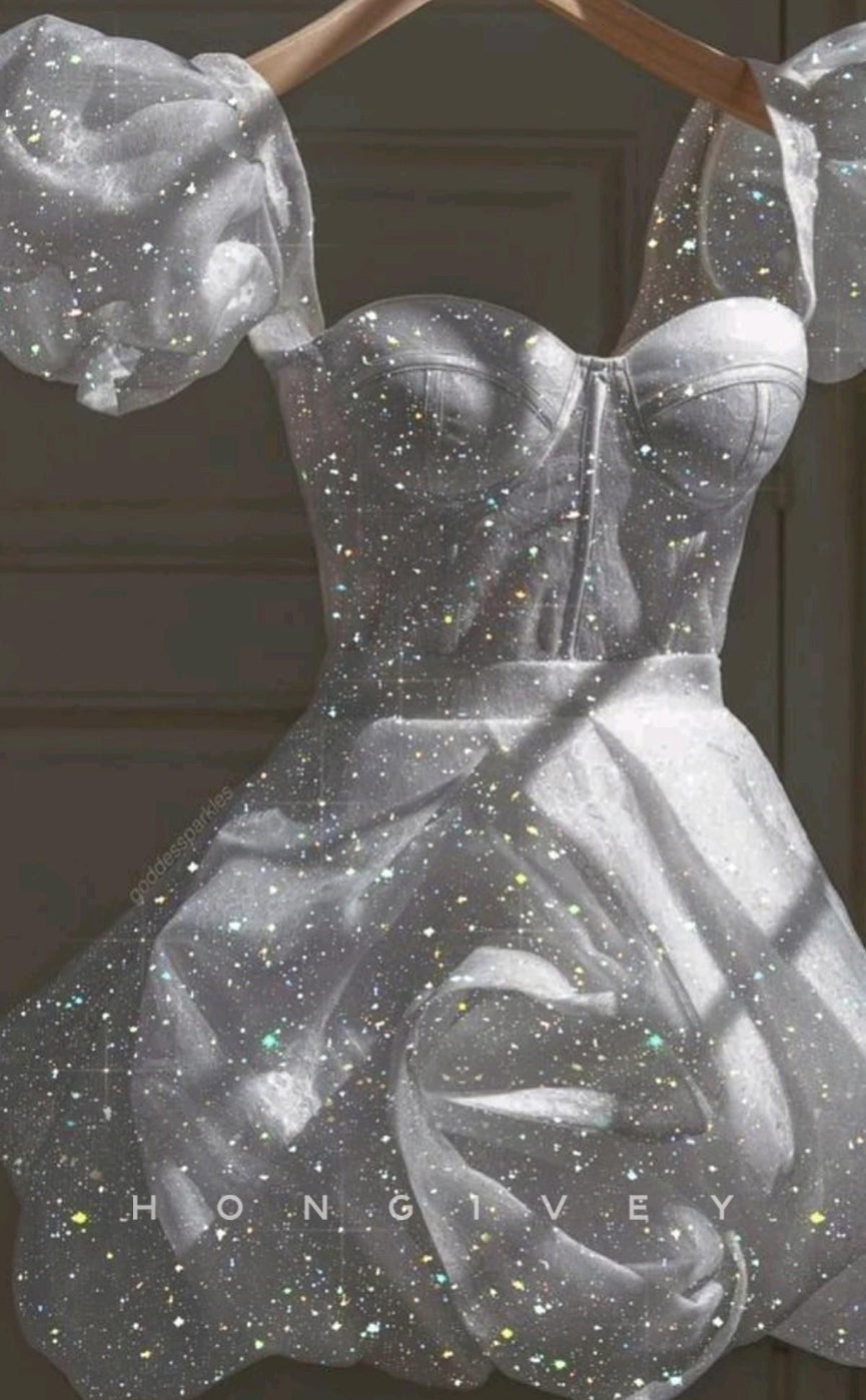 H2044 - Chic Glitter White Empire A-Line Sweetheart Puff Sleeves Gown Short Party/Homecoming Dress - Fashionpara