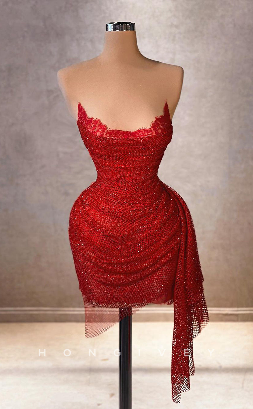 H2047 - Sexy Fitted Glitter Illusion Bateau Strapless Sleeveless Ruched Short Party/Homecoming Dress - Fashionpara