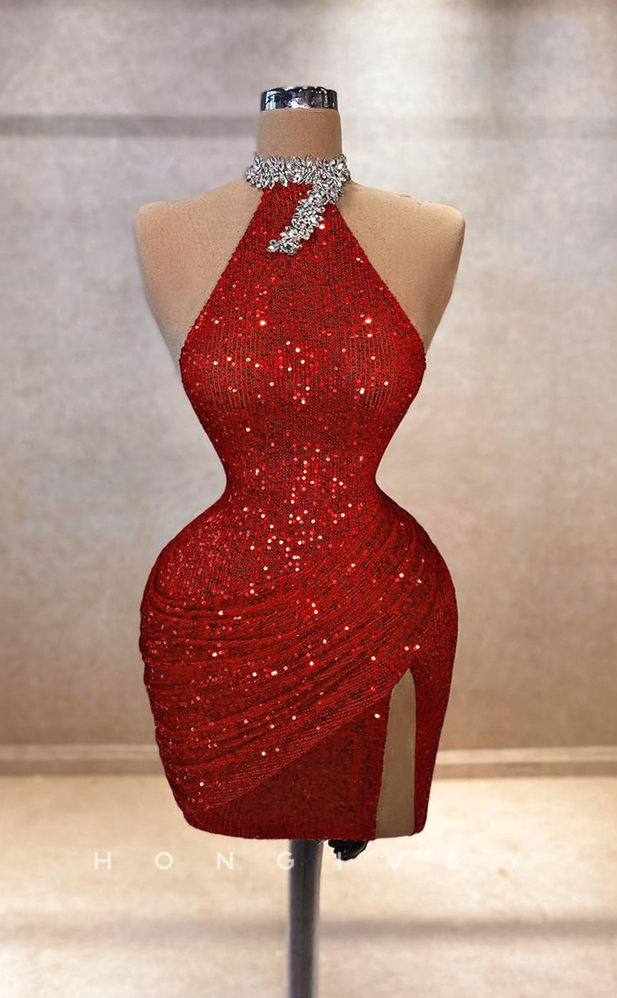 H2048 - Sexy Fitted Glitter Red Fully Sequined High Neck Sleeveless Short Party/Homecoming Dress - Fashionpara