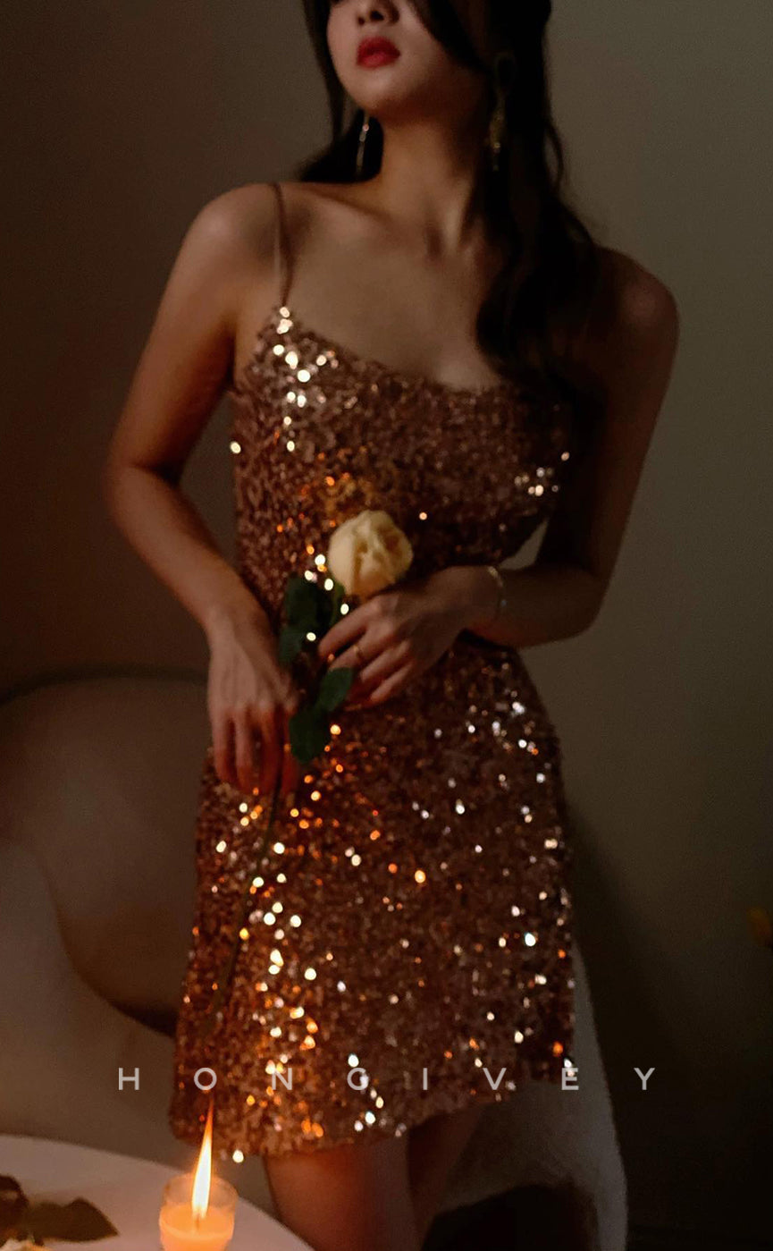 H2050 - Sexy Fitted Glitter Square Spaghetti Straps Sequined Short Party/Homecoming Dress - Fashionpara