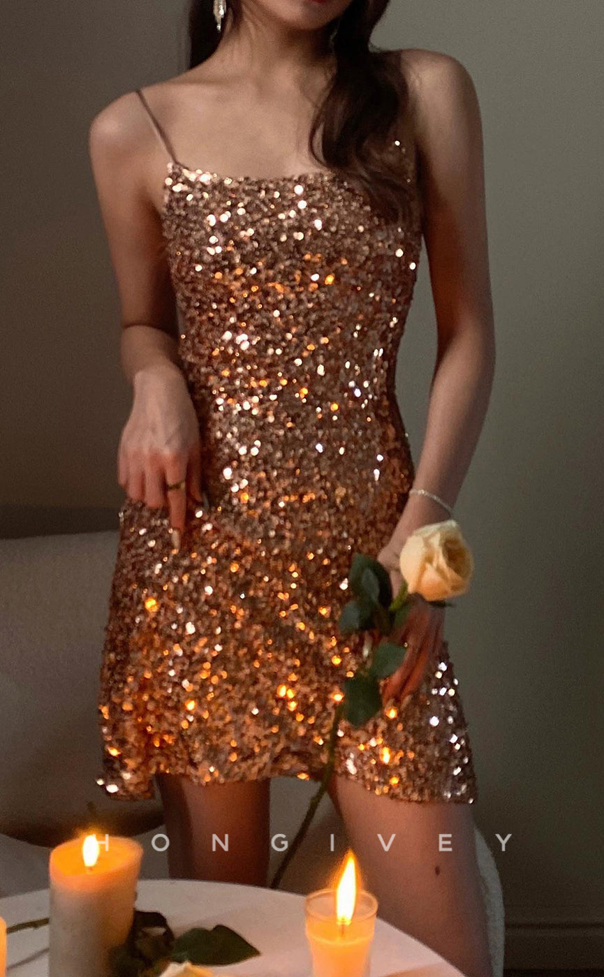 H2050 - Sexy Fitted Glitter Square Spaghetti Straps Sequined Short Party/Homecoming Dress - Fashionpara